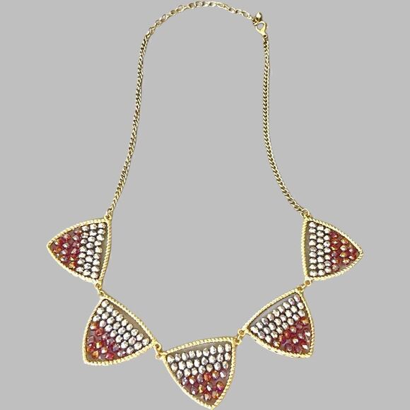 Nwot Rhinestone/Beaded Geometric Triangle Goldtone Statement Necklace - Picture 1 of 6